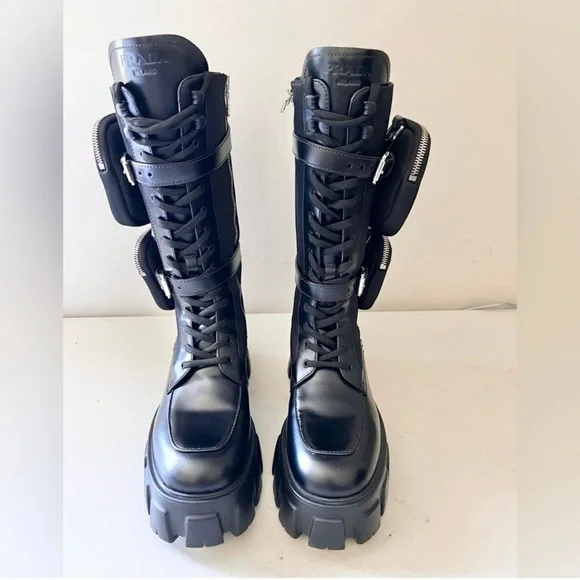 Prada Monolith Black Leather Combat Boots With Removable Pouches Tall Boot Sz 37 - Picture 7 of 12